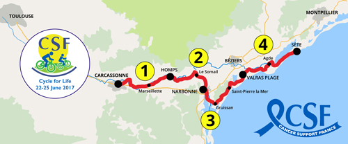 Map for 2017 Cycle for Life route through the Occitanie